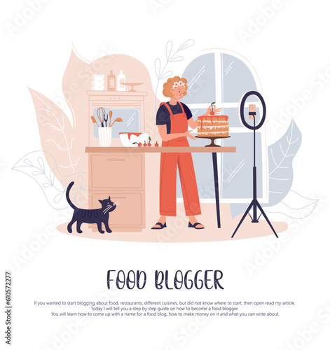 Girl food blogger. A woman prepares a cake in the kitchen and shoots on a phone camera. Vector image.