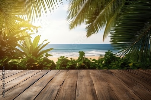 Empty wood table over blue sea  beach and palm leaves background in summer day. Space for product display. Generative AI