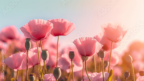 a field of pink flowers with the sun in the background. Generative Ai