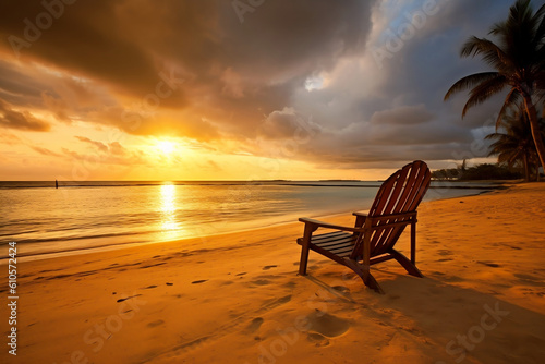 Beach chair on tropical beach at sunset. Generative AI