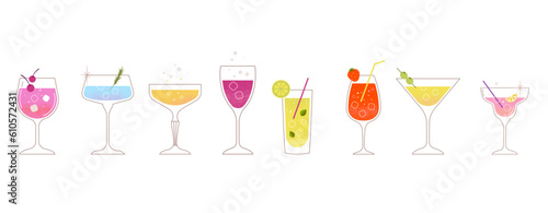Modern flat summer cocktails collection. Colorful background with cocktail glasses. Celebration poster concept and web banner.