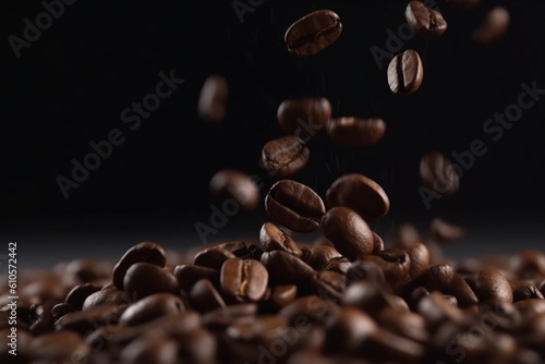 extreme close up of Roasted coffee beans falling down with copy space