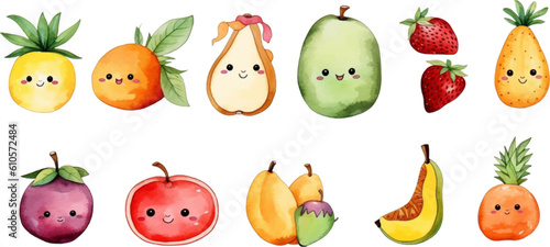 Set of watercolor mixed fruits for kids. Easy to draw, cute kid style. white background