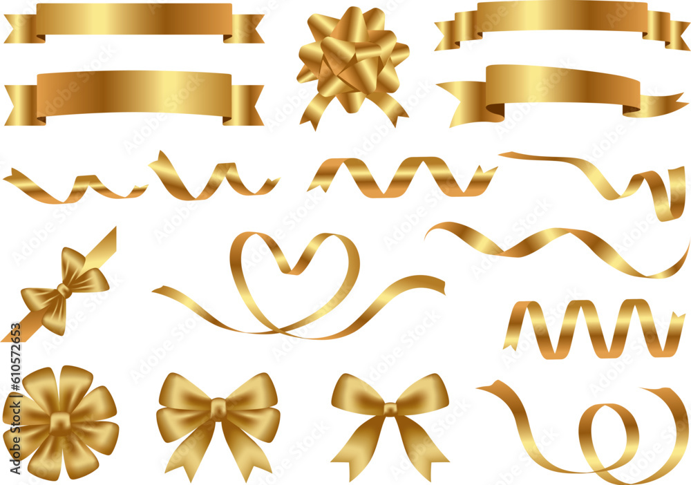 Set of decorative golden bows, ribbons with yellow ribbon isolated on ...