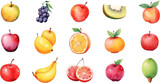 Set of watercolor mixed fruits for kids. Easy to draw, cute kid style. white background