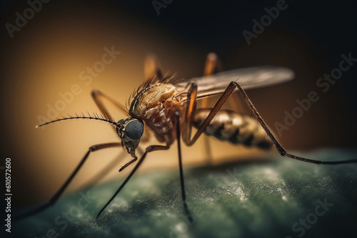 Big mosquito sucking human blood. Aedes Aegypti Mosquito on human skin. Mosquito vector borne disease is carrier of Malaria, Zica Virus, Yellow Fever. Generative AI Technology © Valeriia