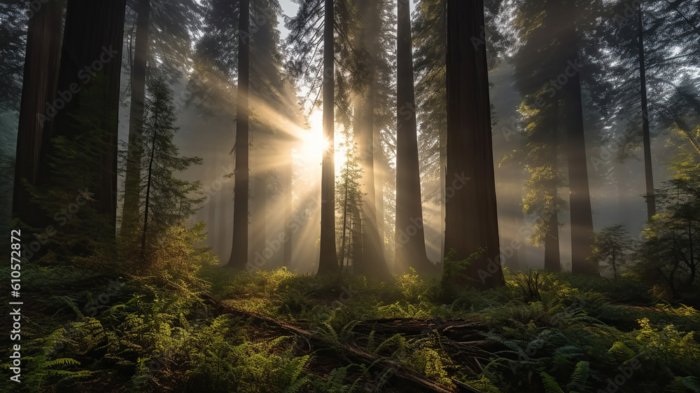 Fototapeta premium several redwood trees with thick fog surrounding them. Generative Ai