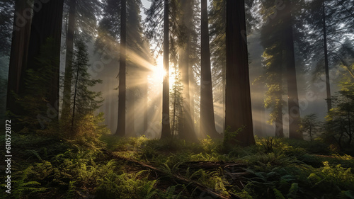 several redwood trees with thick fog surrounding them. Generative Ai