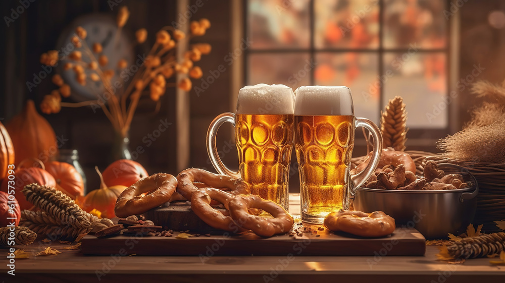 Oktoberfest beer with pretzel, wheat and hops on wooden table. Generative Ai Oktoberfest beer with pretzel, wheat and hops on wooden table. Generative Ai