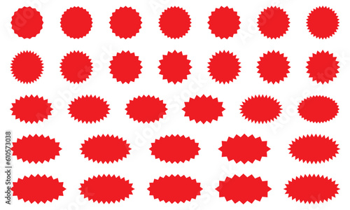 Starburst red sticker set - collection of special offer sale round and oval sunburst labels and buttons isolated on white background. Stickers and badges with star edges for promo advertising.