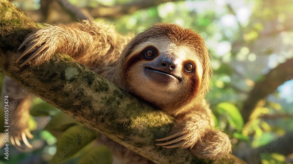 Fototapeta premium Happy sloth hanging on the tree. Generative Ai