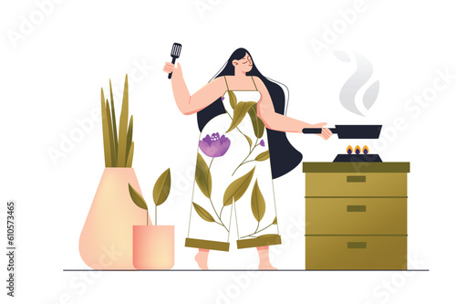 Concept Cooking with people scene in the flat cartoon style. A woman is preparing a delicious meal. Vector illustration.