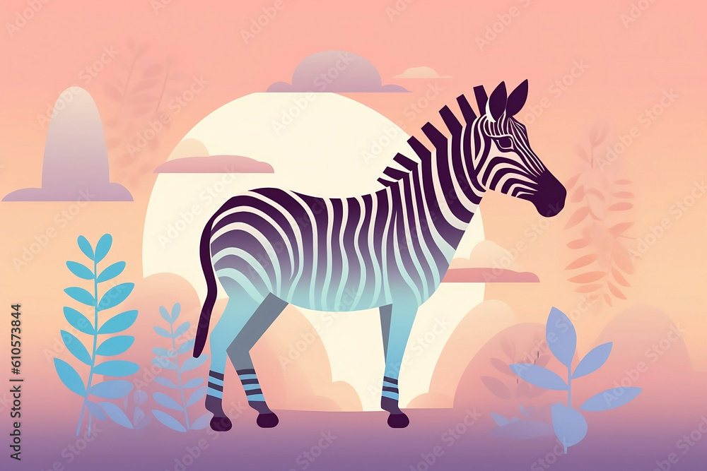Obraz premium Zebra among plants, graphics in pastel colors, generative ai