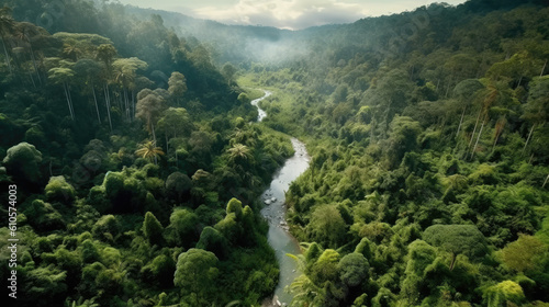 Aerial Perspectives bird's eye view of asian forest jungle nature landscape. Made by (AI) artificial intelligence 