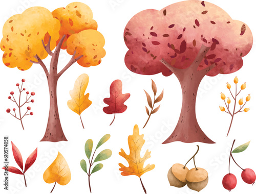 Watercolor illustration set of Tree and autumn leaves