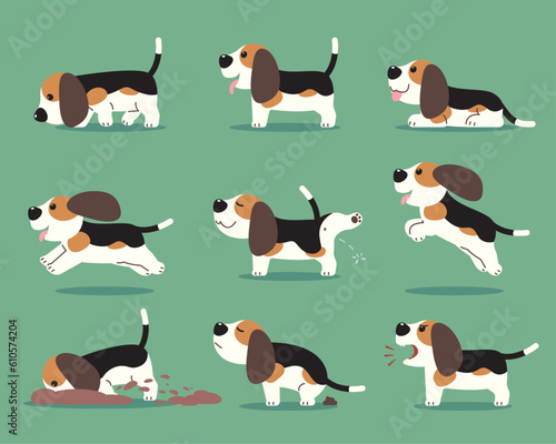 Cartoon beagle puppies in various poses, Set of cute pet drawings.