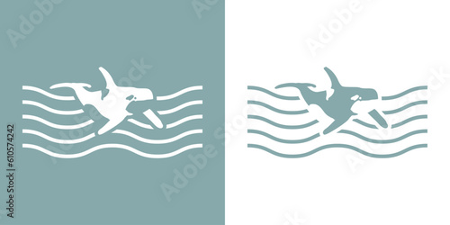 Logo Nautical. Silueta de orca (ballena asesina) con olas de mar	