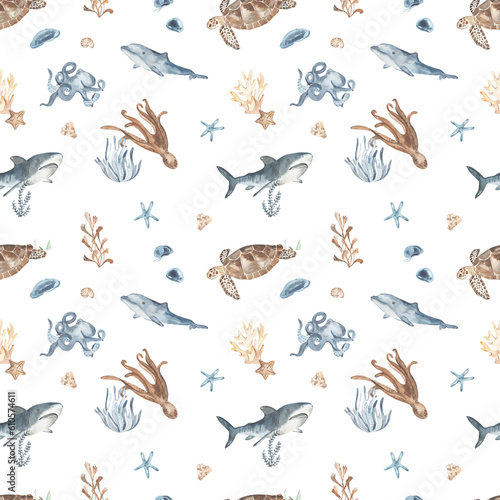 Watercolor seamless pattern with underwater creatures, dolphin, shark, sea turtle, octopus, algae, corals in blue on a white background