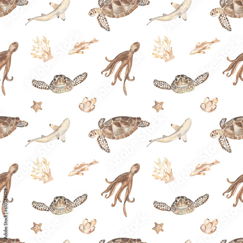 Watercolor seamless pattern with underwater creatures, sea turtle, fish, corals, octopus in brown on a white background