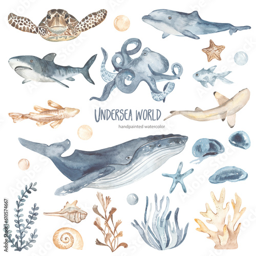 Photo Watercolor set with underwater creatures, animals, whale, octopus, dolphin, shar