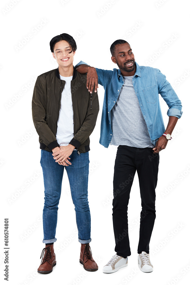 Happy, friends together and isolated in a png transparent background for support. Partnership or collaboration, positive or happy and male people pose for trendy fashion clothing with confidence Happy, friends together and isolated in a png transparent background for support. Partnership or collaboration, positive or happy and male people pose for trendy fashion clothing with confidence