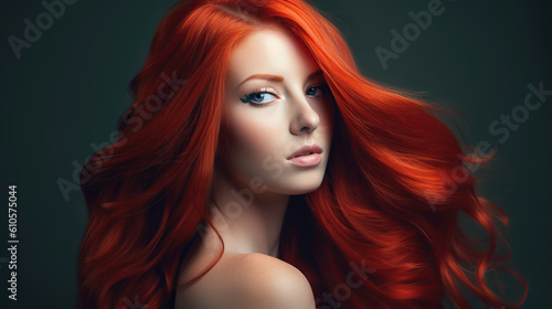 Young woman with red hair on dark background, mockup for hair care design