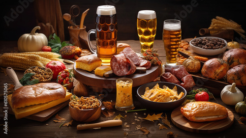 October fest concept - traditional food and beer served at event  wood background. Generative Ai
