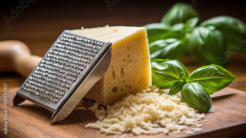 Parmesan cheese with grater on a cutting board. Dairy product. Generative Ai