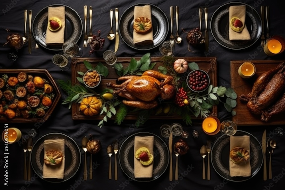Roasted turkey garnished with cranberries on a rustic style table. ai generated
