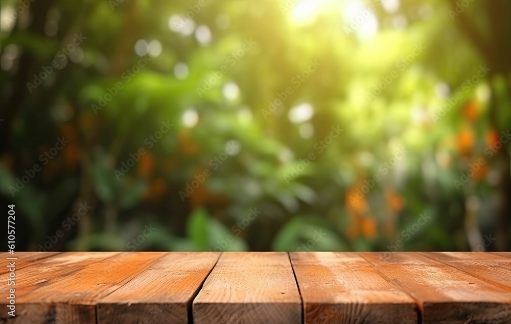 Natural Wooden Tabletop with Summer orange Garden Bokeh Background and Copy Space for Display Natural Wooden Tabletop with Summer orange Garden Bokeh Background and Copy Space for Display