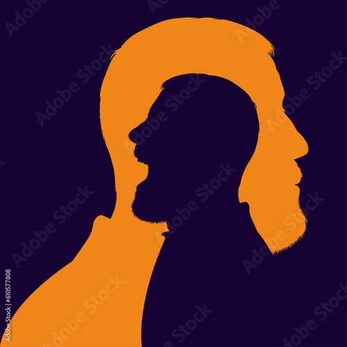 Concept de la santé mentale et de la schizophrénie avec deux profils d’expressions opposées qui se font face à face.