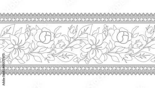 Seamless Border with Rose and Mallow Composition Inspired by Ukrainian Traditional Embroidery. Ethnic Floral Motif, Handmade Craft Art. Ethnic Design. Coloring Book Page. Vector Contour Illustration