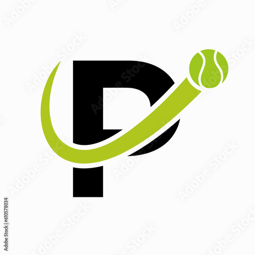 Tennis Logo Design On Letter P Template. Tennis Sport Academy, Club Logo