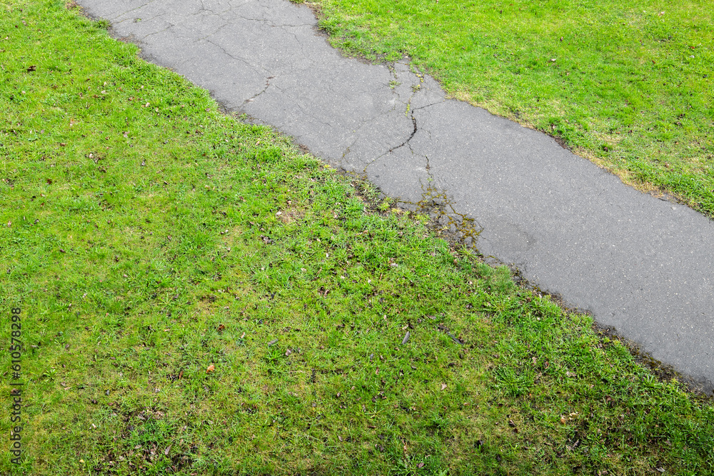 Park path, asphalt pedestrian road goes over green lawn Park path, asphalt pedestrian road goes over green lawn