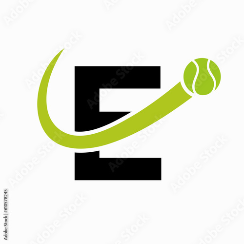 Tennis Logo Design On Letter E Template. Tennis Sport Academy, Club Logo