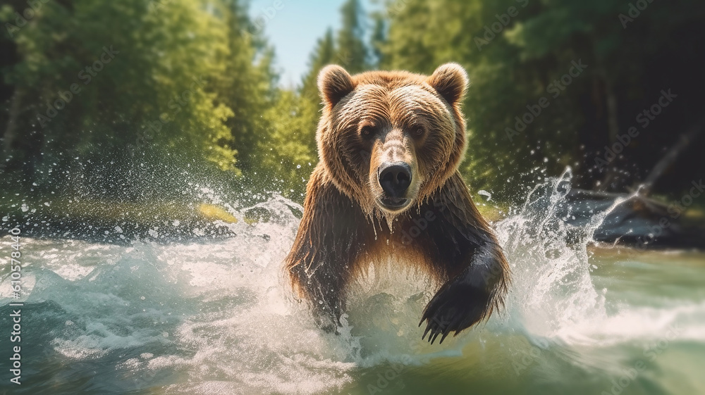 Brown bear catches a salmon in the river. Generative Ai Brown bear catches a salmon in the river. Generative Ai