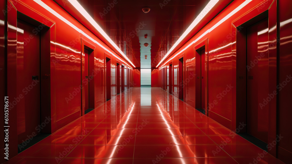 Red abstract futuristic tunnel with neon lines. Generative AI Red abstract futuristic tunnel with neon lines. Generative AI