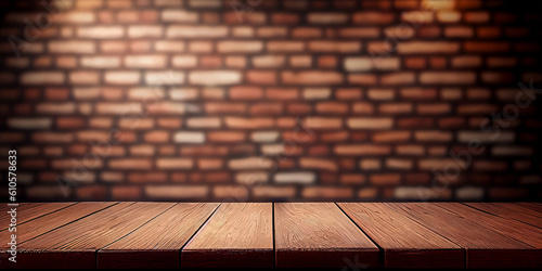 Empty wooden table with dark brick wall background. Digital illustration created with generative AI tools.