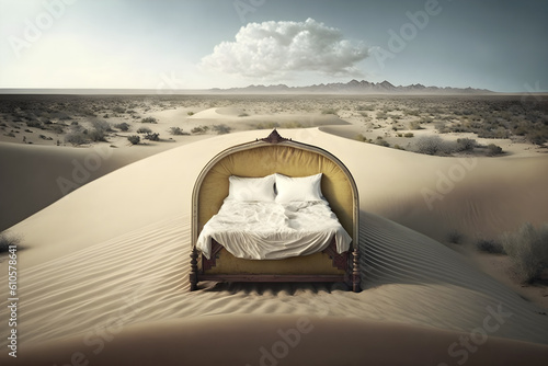 Bed in the middle of desert.  Digital illustration created with generative AI tools. photo