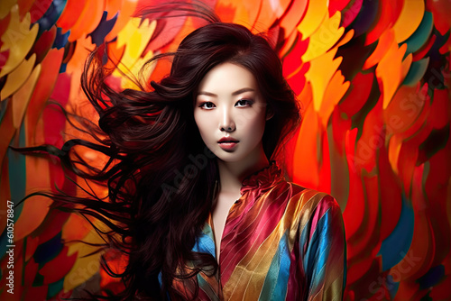 High Korean Fashion model woman in colorful bright lights posing in studio, portrait of beautiful sexy female with trendy make-up. Art design, colorful make up. Generative AI © PaulShlykov