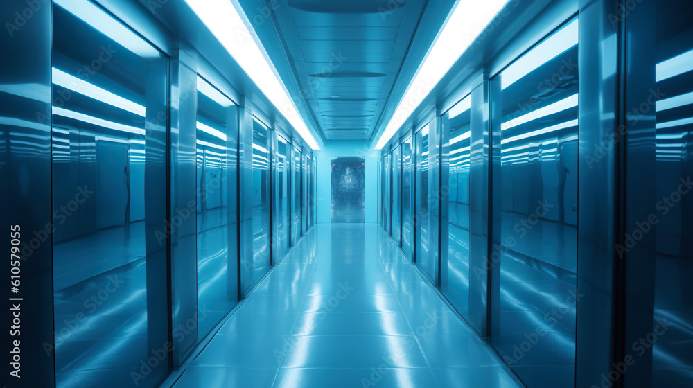 Blue abstract futuristic tunnel with neon lines. Generative AI Blue abstract futuristic tunnel with neon lines. Generative AI