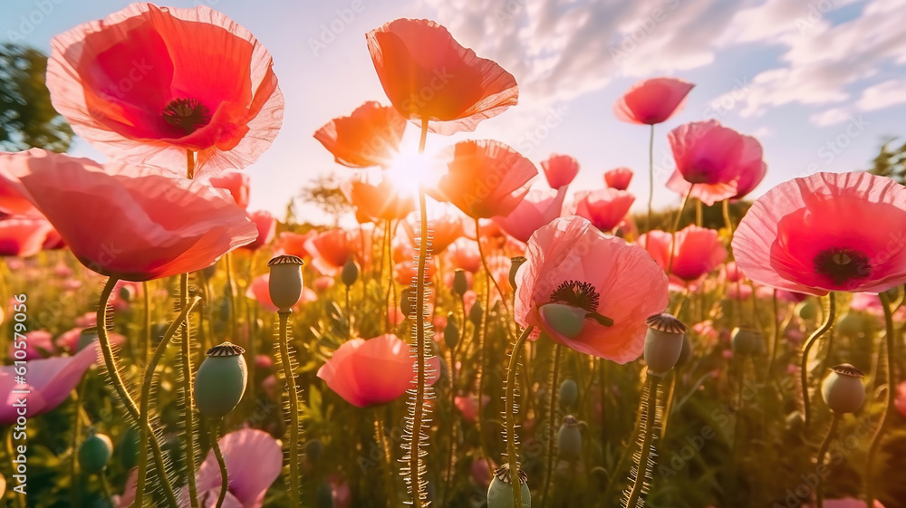 Fototapeta premium a field of pink flowers with the sun in the background. Generative Ai