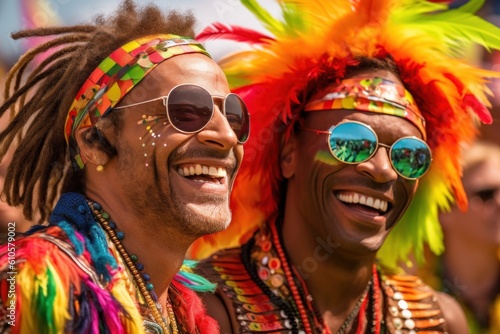  Close-Up View - Happy gay couple smiling with rainbow color clothes at Pride in Sao Paulo. Dancing to a live samba band, surrounded by a sea of rainbow flags and colorful costumes.Generated with AI