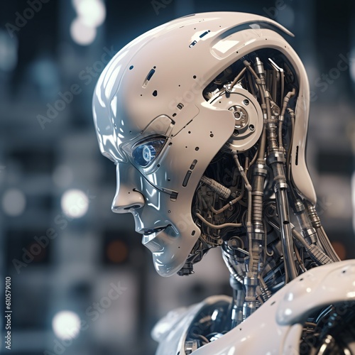 Immerse into the Futuristic Realm of Artificial Intelligence: Intense Close-Up of Robot Engaging with Humans in a Groundbreaking Technological Encounter. Generated AI