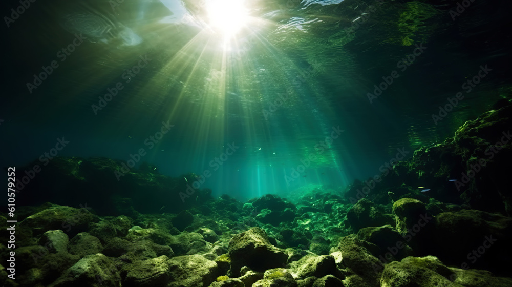 Fototapeta premium Underwater sunlight through the water surface seen from a rocky seabed with algae. Generative AI