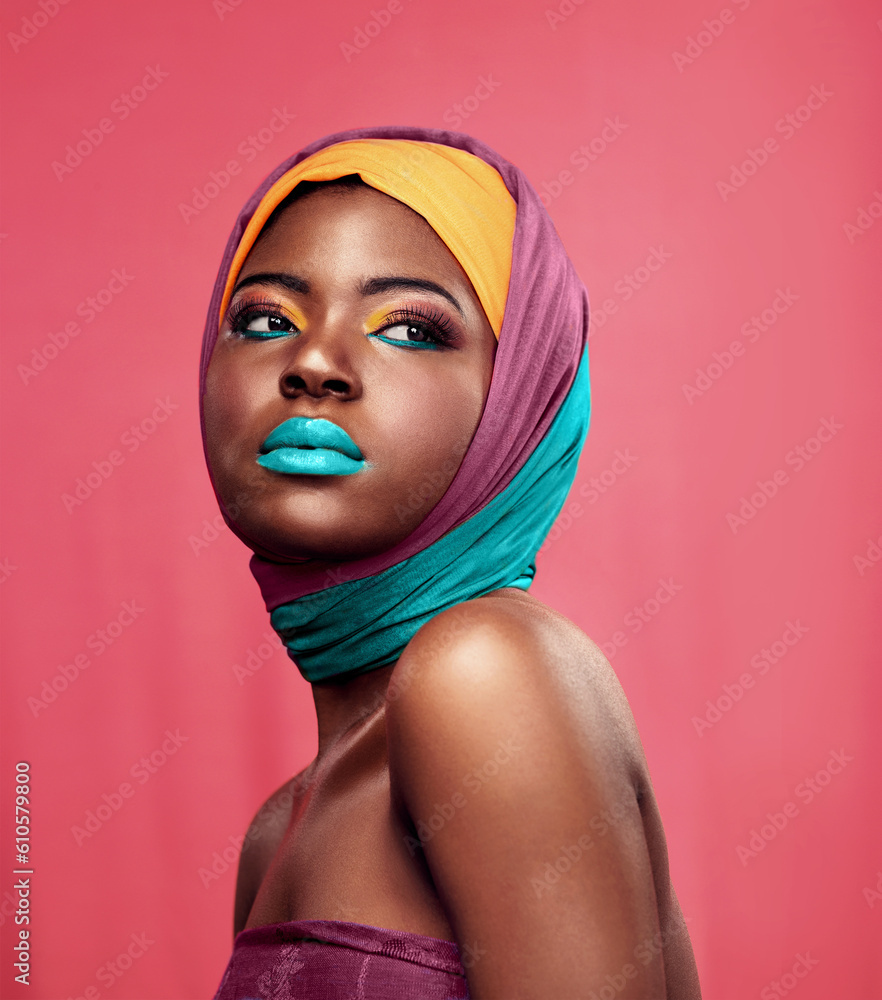 Fashion, beauty and scarf with black woman in studio for creative, art and culture. Makeup, cosmetics and natural with face of model isolated on pink background for african and color mockup Fashion, beauty and scarf with black woman in studio for creative, art and culture. Makeup, cosmetics and natural with face of model isolated on pink background for african and color mockup