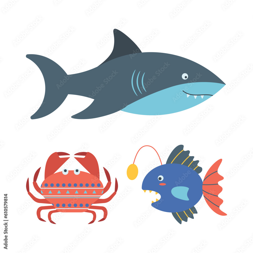 Set of marine elements fish, shark, crab in flat cartoon style. Set of marine elements fish, shark, crab in flat cartoon style.