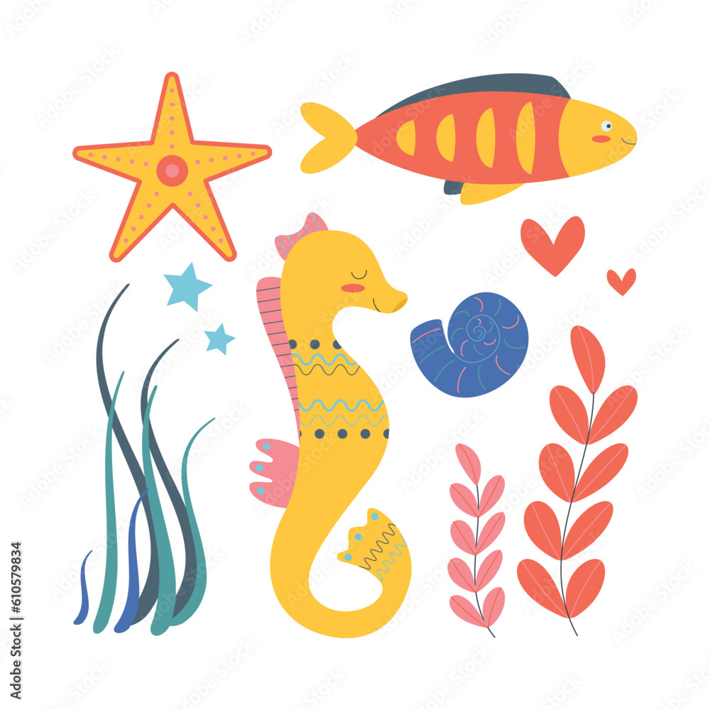 Set of marine elements of fish, shells, seaweed in flat cartoon style. Set of marine elements of fish, shells, seaweed in flat cartoon style.