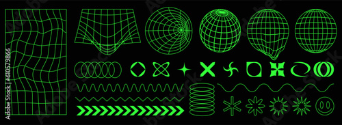 Geometry wireframe shapes and grids in neon green color. Surreal geometric shapes, cyberpunk elements in trendy psychedelic rave style. 00s Y2k retro futuristic aesthetic.