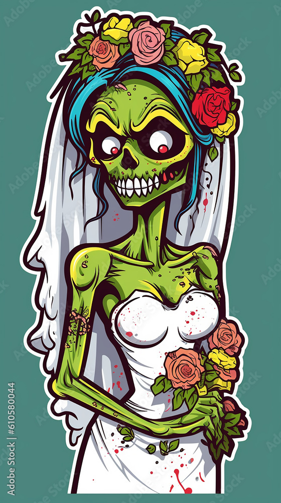 Halloween zombie bride skeleton graffiti sticker. Generative ai